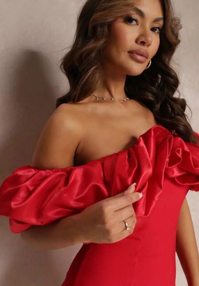 Czerwona Dopasowana Sukienka Mini z Falbanami Denime