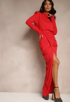 Czerwona Dopasowana Sukienka Koktajlowa Ozdobiona Marszczeniem Besini