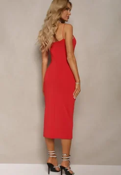 Czerwona Dopasowana Sukienka Koktajlowa z Rozcięciem u Dołu na Cienkich Ramiączkach Opantia