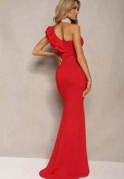 Czerwona Elegancka Asymetryczna Sukienka Zakładana przez Głowę z Falbanką i Rozcięciem Adnelia