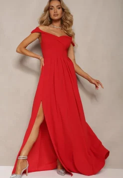 Czerwona Elegancka Długa Sukienka Hiszpanka Wykończona Rozcięciem na Dole Idelia