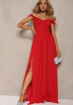 Czerwona Elegancka Długa Sukienka Hiszpanka Wykończona Rozcięciem na Dole Idelia
