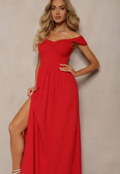 Czerwona Elegancka Długa Sukienka Hiszpanka Wykończona Rozcięciem na Dole Idelia