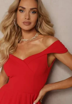 Czerwona Elegancka Długa Sukienka Hiszpanka Wykończona Rozcięciem na Dole Idelia