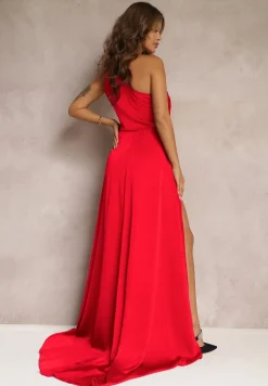 Czerwona Elegancka Sukienka na Jedno Ramię o Asymetrycznym Fasonie Leylane