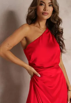 Czerwona Elegancka Sukienka na Jedno Ramię o Asymetrycznym Fasonie Leylane