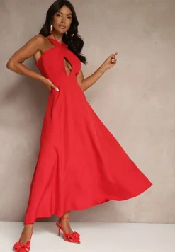 Czerwona Koktajlowa Sukienka z Wiskozą i Dekoltem Halter Dolmanna