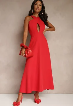 Czerwona Koktajlowa Sukienka z Wiskozą i Dekoltem Halter Dolmanna