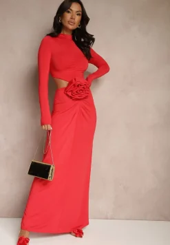 Czerwona Koktajlowa Sukienka z Wiskozą Ozdobiona Kwiatem 3D i Wycięciami Hannith