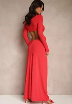 Czerwona Koktajlowa Sukienka z Wiskozą Ozdobiona Kwiatem 3D i Wycięciami Hannith