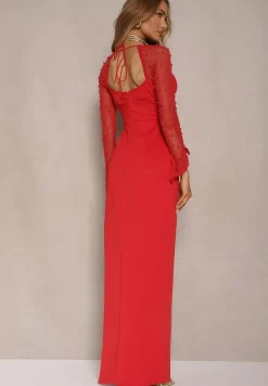 Czerwona Koktajlowa Sukienka z Perełkami na Siateczkowych Rękawach Inarette