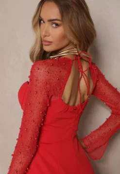 Czerwona Koktajlowa Sukienka z Perełkami na Siateczkowych Rękawach Inarette