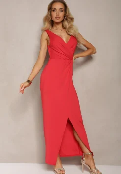 Czerwona Kopertowa Sukienka w Koktajlowym Stylu z MarszczeniemKalkisa