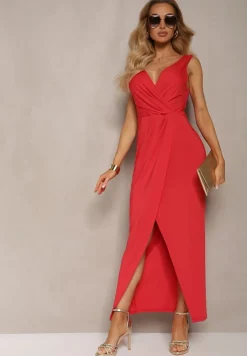 Czerwona Kopertowa Sukienka w Koktajlowym Stylu z MarszczeniemKalkisa
