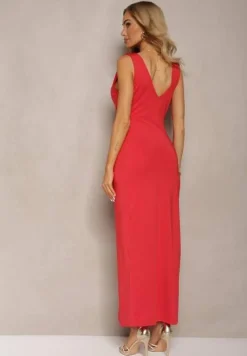 Czerwona Kopertowa Sukienka w Koktajlowym Stylu z MarszczeniemKalkisa