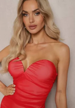 Czerwona Marszczona Sukienka Midi z Siatki z Marszczeniem Pandone