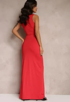 Czerwona Marszczona Sukienka z Ozdobnym Rozcięciem Alphophe
