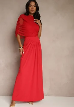 Czerwona Marszczona Sukienka o Taliowanym Kroju z Dodatkową Narzutką z Siateczki Milarielis