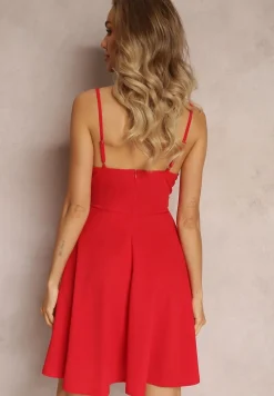 Czerwona Mini Sukienka na Regulowanych Ramiączkach o Rozkloszowanym Fasonie Feimme