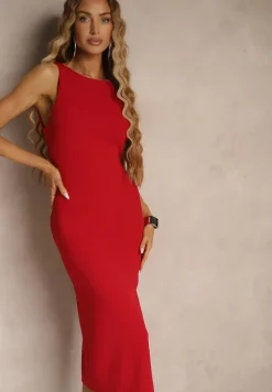 Czerwona Ołówkowa Sukienka Bez Rękawów z Wiskozą Zdobiona Rozcięciem z Tyłu Fonama