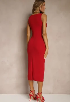 Czerwona Ołówkowa Sukienka Bez Rękawów z Wiskozą Zdobiona Rozcięciem z Tyłu Fonama
