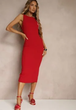 Czerwona Ołówkowa Sukienka Bez Rękawów z Wiskozą Zdobiona Rozcięciem z Tyłu Fonama
