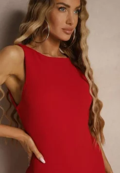 Czerwona Ołówkowa Sukienka Bez Rękawów z Wiskozą Zdobiona Rozcięciem z Tyłu Fonama