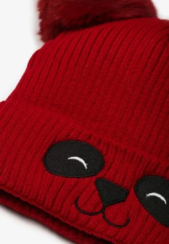 Czerwona Prążkowana Czapka z Misiem i Dwoma Pomponami Shenoy