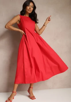 Czerwona Rozkloszowana Sukienka Koktajlowa z Bawełny z Dekoltem Łódką i Kieszeniami Fanilra