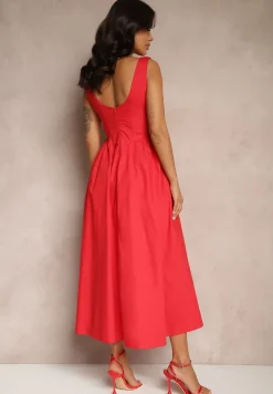 Czerwona Rozkloszowana Sukienka Koktajlowa z Bawełny z Dekoltem Łódką i Kieszeniami Fanilra