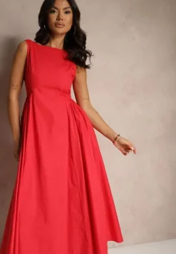 Czerwona Rozkloszowana Sukienka Koktajlowa z Bawełny z Dekoltem Łódką i Kieszeniami Fanilra