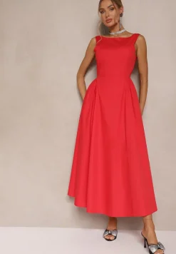 Czerwona Rozkloszowana Sukienka z Bawełny Haladrea