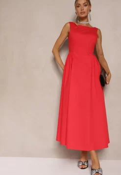Czerwona Rozkloszowana Sukienka z Bawełny Haladrea