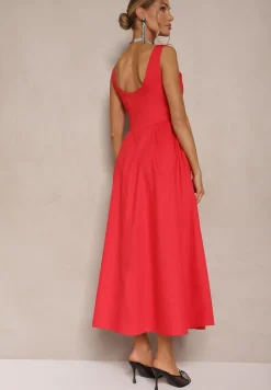 Czerwona Rozkloszowana Sukienka z Bawełny Haladrea