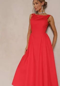 Czerwona Rozkloszowana Sukienka z Bawełny Haladrea