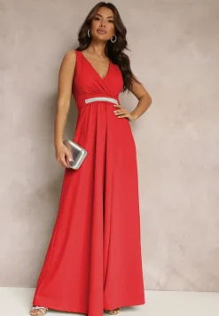 Czerwona Rozkloszowana Sukienka z Wycięciem i Paskiem w Cyrkonie Elineta