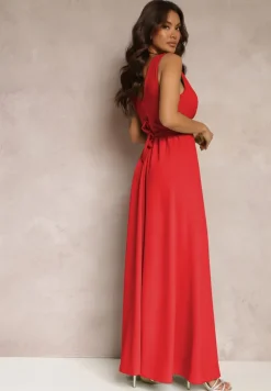 Czerwona Rozkloszowana Sukienka z Wycięciem i Paskiem w Cyrkonie Elineta