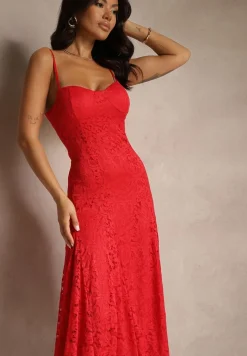 Czerwona Rozkloszowana Sukienka z Koronki z Dodatkowym Bolerkiem Gonavora