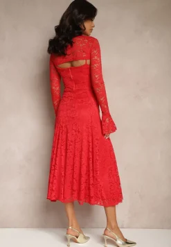 Czerwona Rozkloszowana Sukienka z Koronki z Dodatkowym Bolerkiem Gonavora