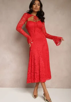 Czerwona Rozkloszowana Sukienka z Koronki z Dodatkowym Bolerkiem Gonavora