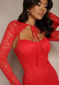 Czerwona Rozkloszowana Sukienka z Koronki z Dodatkowym Bolerkiem Gonavora