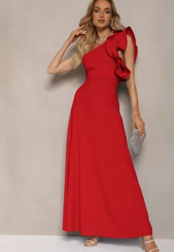 Czerwona Rozkloszowana Sukienka Asymetryczna z Dużymi Falbanami przy Ramionach Cevada