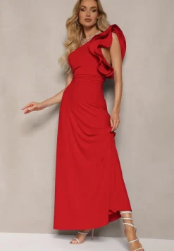 Czerwona Rozkloszowana Sukienka Asymetryczna z Dużymi Falbanami przy Ramionach Cevada