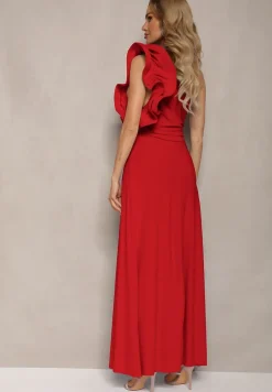Czerwona Rozkloszowana Sukienka Asymetryczna z Dużymi Falbanami przy Ramionach Cevada