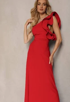 Czerwona Rozkloszowana Sukienka Asymetryczna z Dużymi Falbanami przy Ramionach Cevada