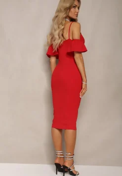 Czerwona Sukienka Bodycon z Falbankami przy Ramionach Oiberia