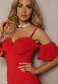 Czerwona Sukienka Bodycon z Falbankami przy Ramionach Oiberia