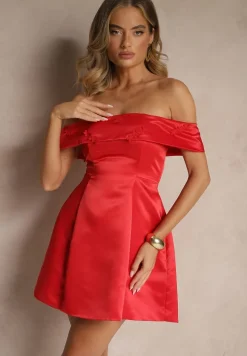 Czerwona Sukienka Hiszpanka Vices z Satyny Zdobiona Aplikacjami Fenilune