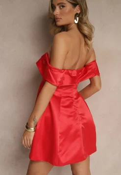 Czerwona Sukienka Hiszpanka Vices z Satyny Zdobiona Aplikacjami Fenilune