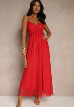 Czerwona Sukienka Koktajlowa Ozdobiona Tiulowym Materiałem Deviora